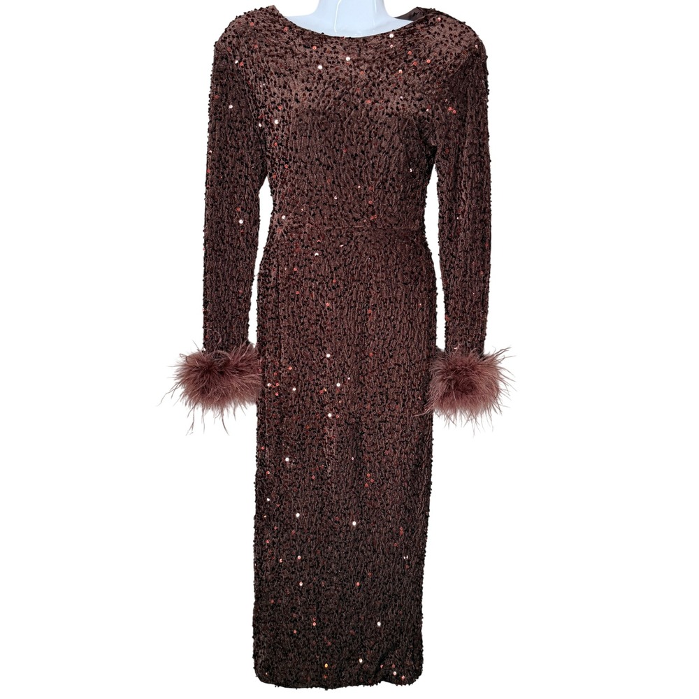 Rosedress Brown Sequin Feather Trim Dress Long Sleeve‎ Evening Gown Glam Size M